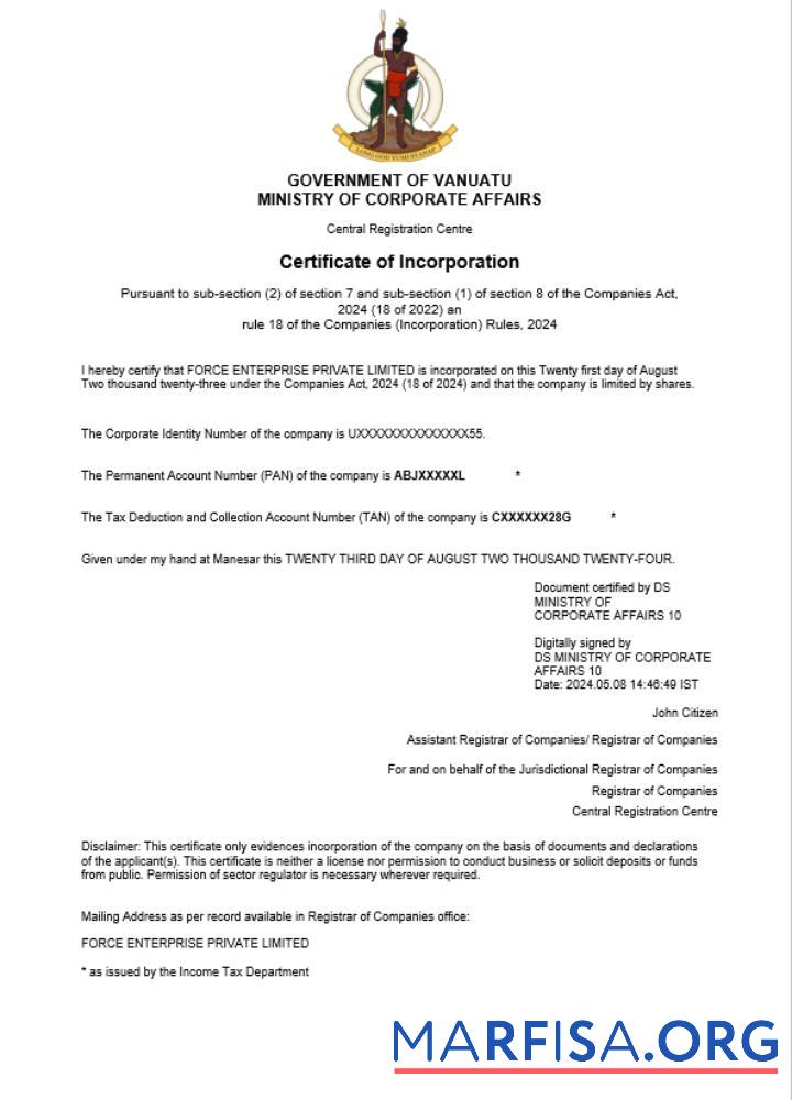 Realistic Vanuatu business registration certificate Word and PDF template